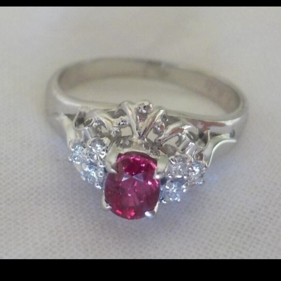 Platinum Natural Ruby Diamond Halo Ring - Picture 5 of 9
